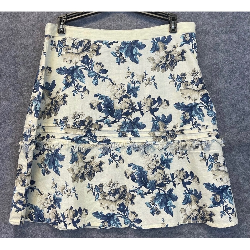 STETSON Floral Linen Cotton Skirt L Cream Blue Toile Fringed Tiered Garden Boho